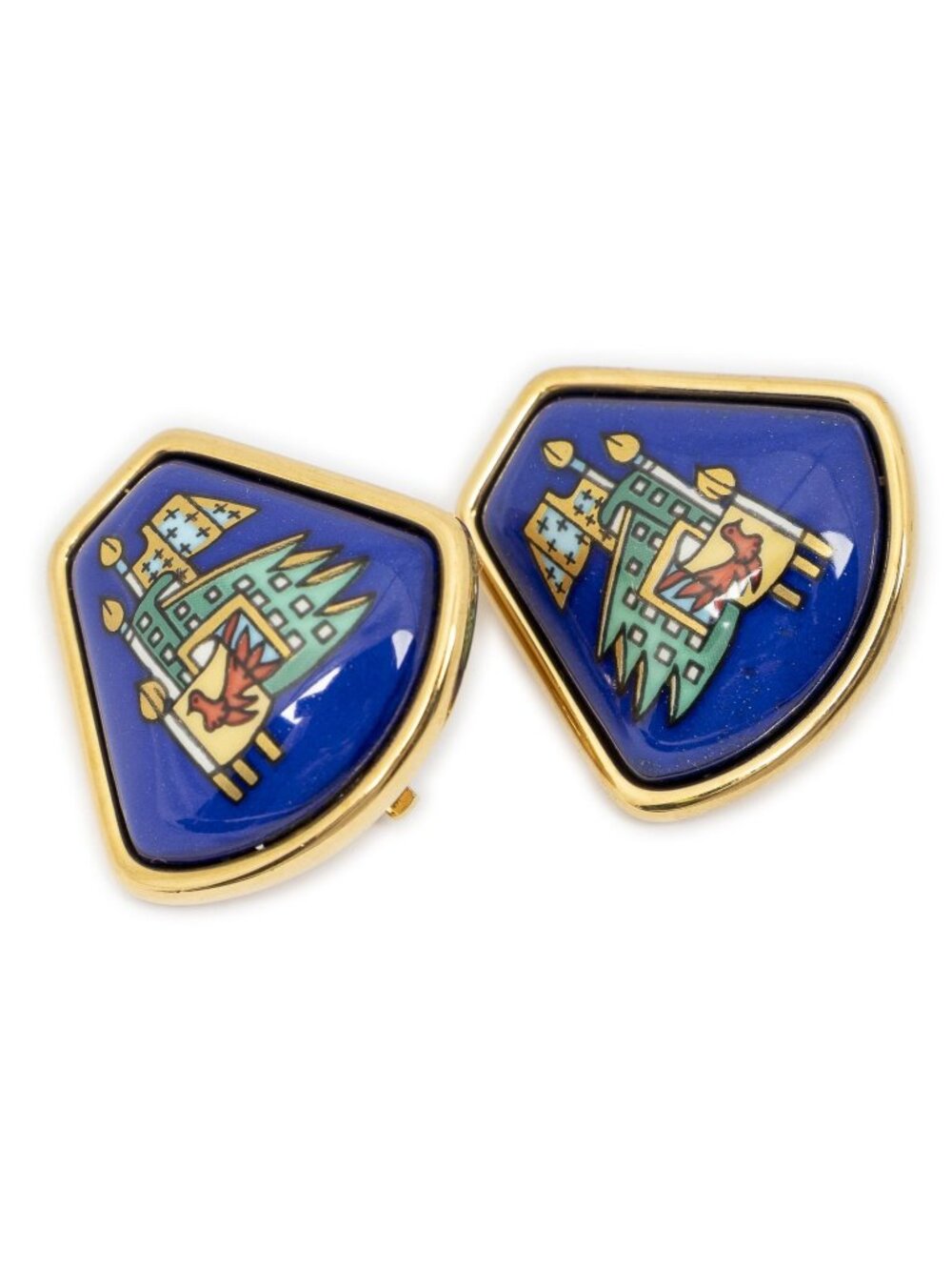Hermes Inlaid Clip on Earrings Blue Green Flag Motif